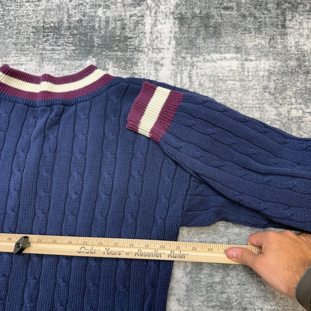 VTG Van Heusen Sweater Medium Tennis Cable Knit V-Neck Ivy Preppy Red White Blue
